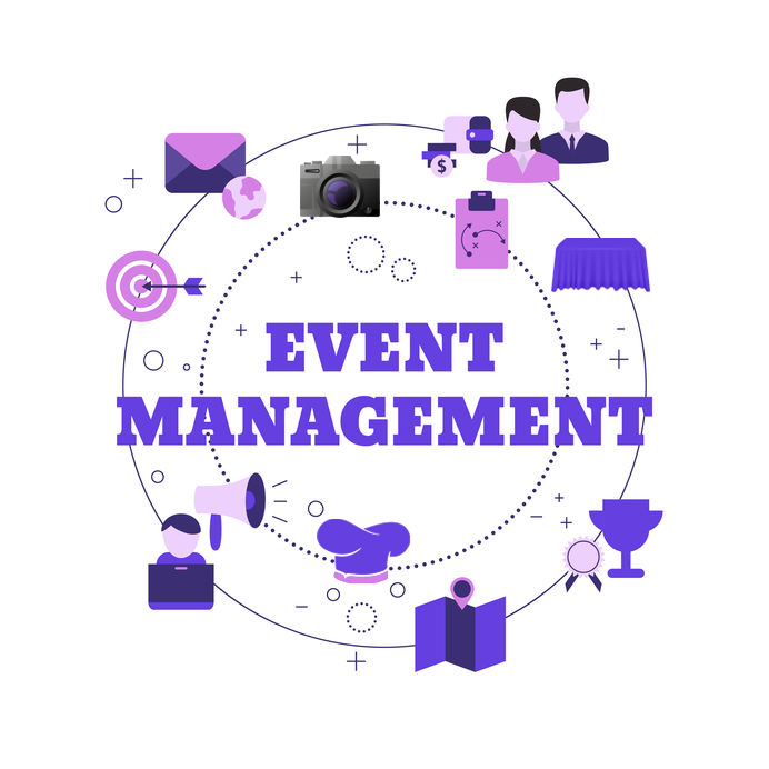 Event management concept with icons including a camera, calendar, megaphone, map, trophy, and people around central text.