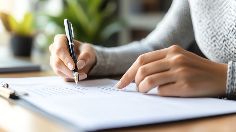 Close-up of a person filling out a form with a pen at a desk, with blurred greenery in the background.