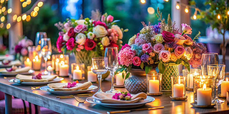 A decorated dining table with floral centerpieces, candles, glassware, and place settings under string lights.